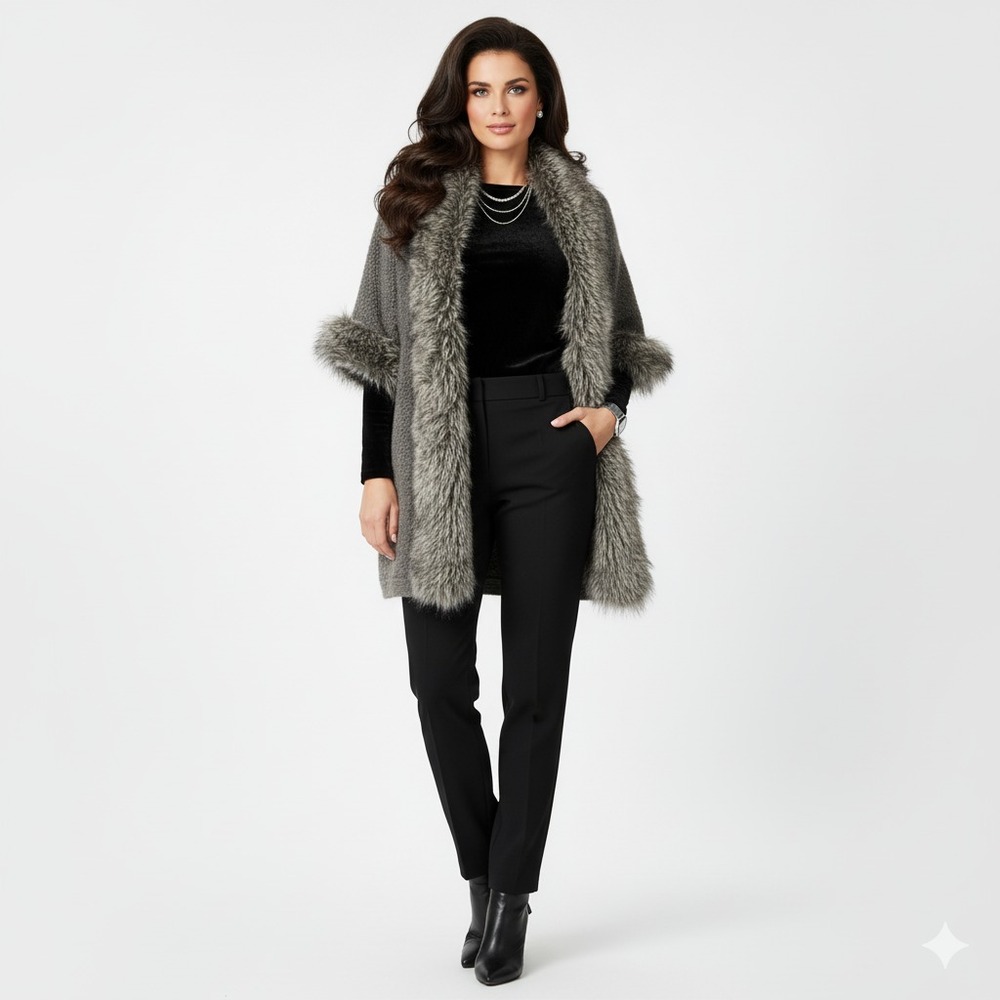 Kenar Penny Lane Cardigan Womens‎ M Gray Brown Alpaca Wool Faux Fur Fuzzy Glam